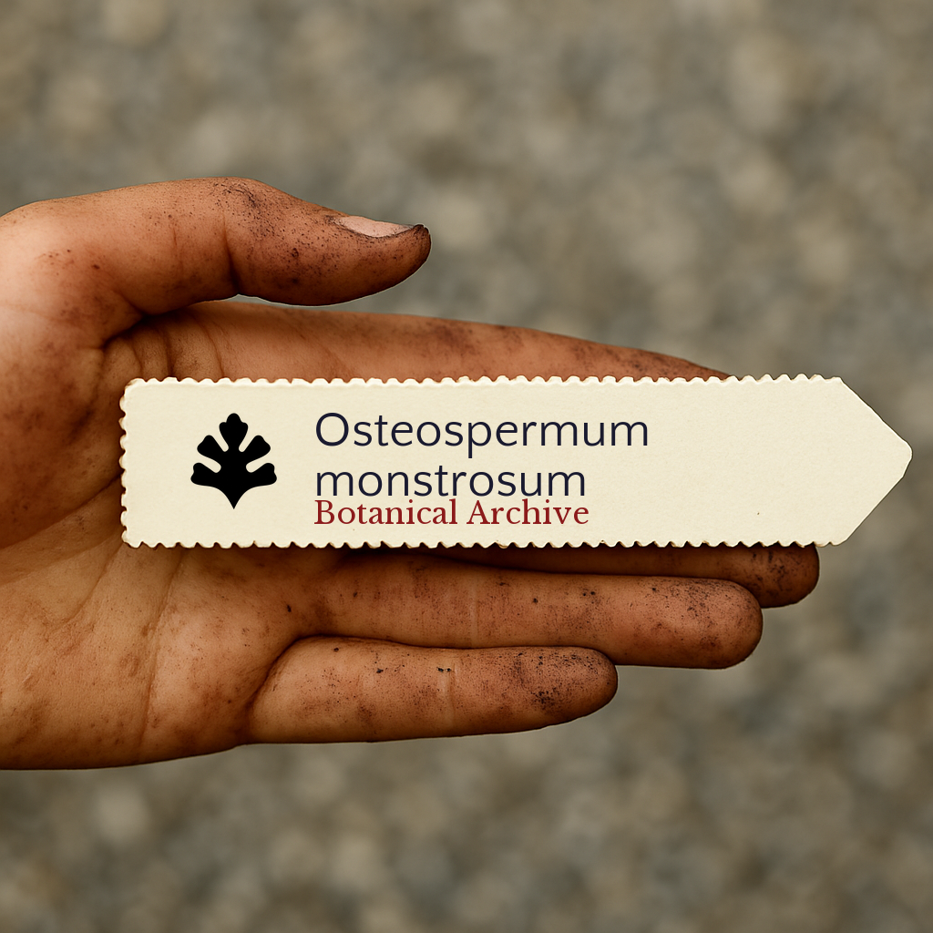 Printed plant label for Osteospermum monstrosum held in dirty hand outdoors