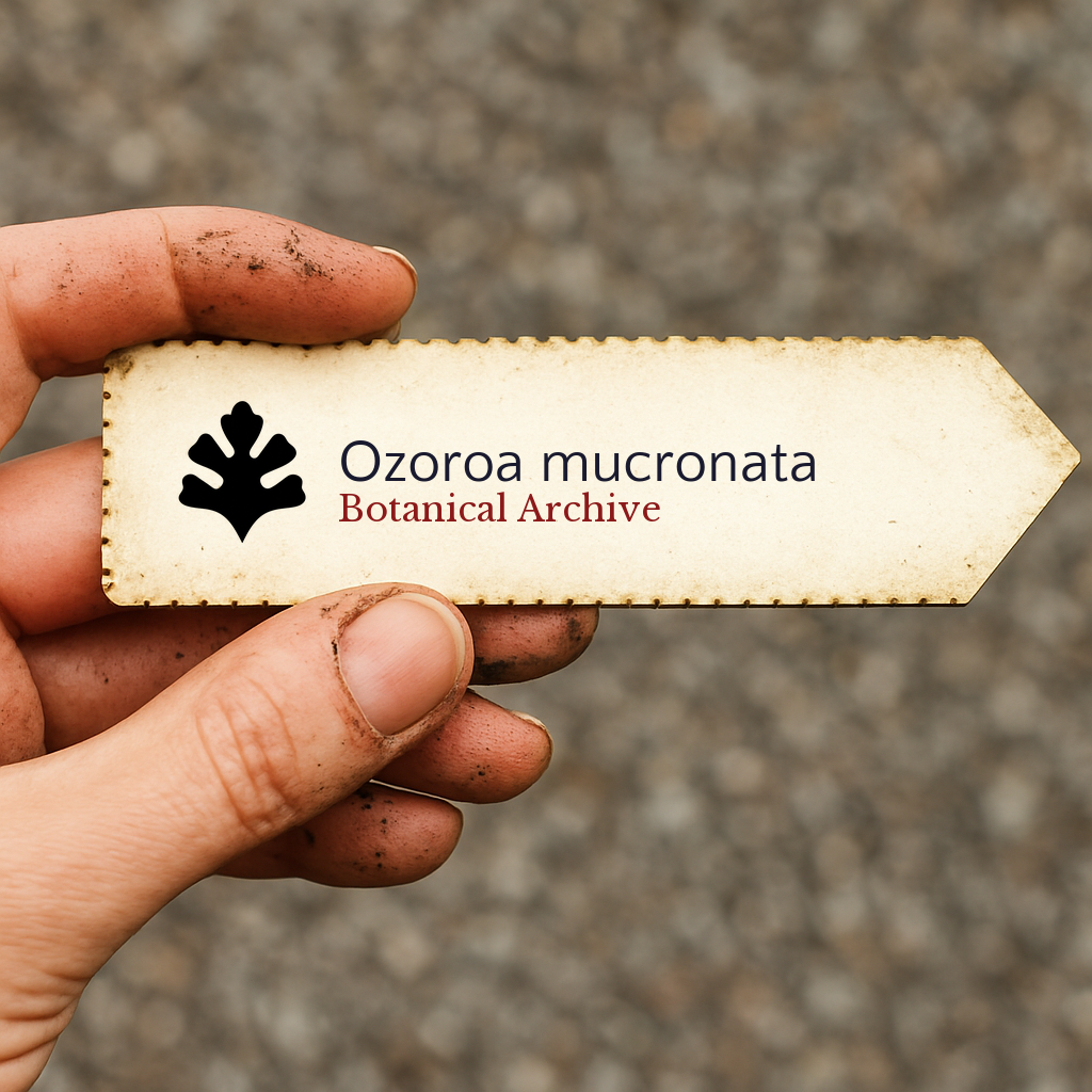 Printed plant label for Ozoroa mucronata held by dirty hand outdoors