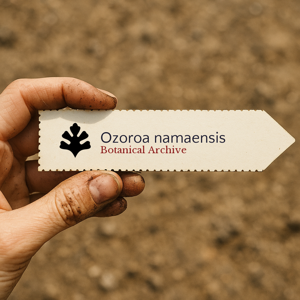 Printed plant label for Ozoroa namaensis held by a hand with soil background