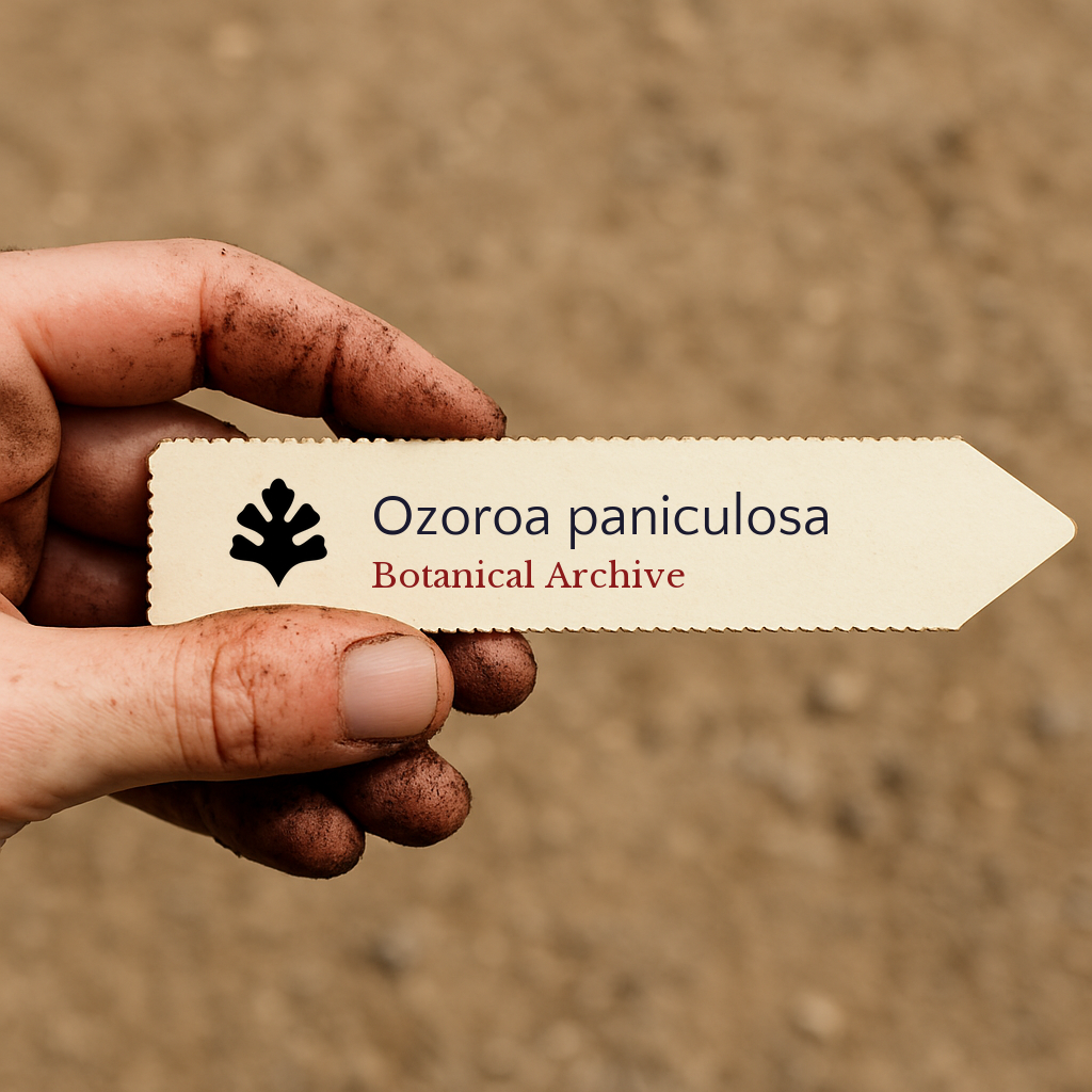 Printed plant label for Ozoroa paniculosa held by dirty hand against soil background