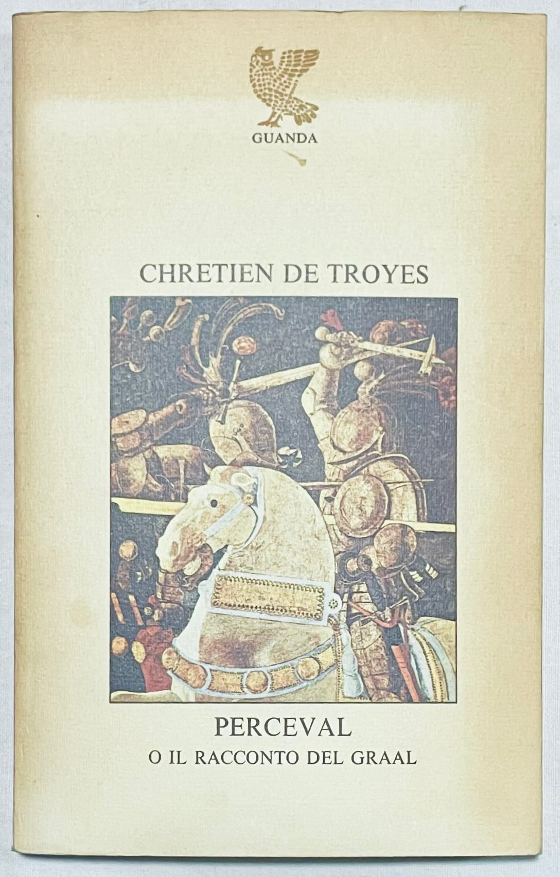 Libro vintage Perceval o il racconto del Graal di Chretien de Troyes con illustrazione di cavaliere medievale