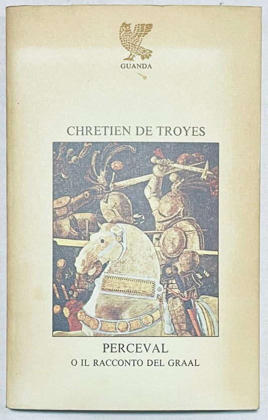 Libro vintage Perceval o il racconto del Graal di Chretien de Troyes con illustrazione di cavaliere medievale