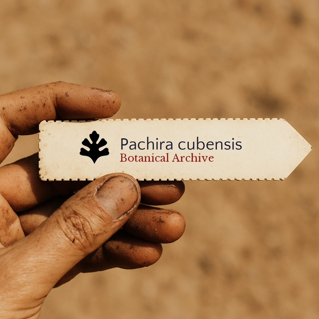 Printed plant label for Pachira cubensis held by dirty hand with soil background