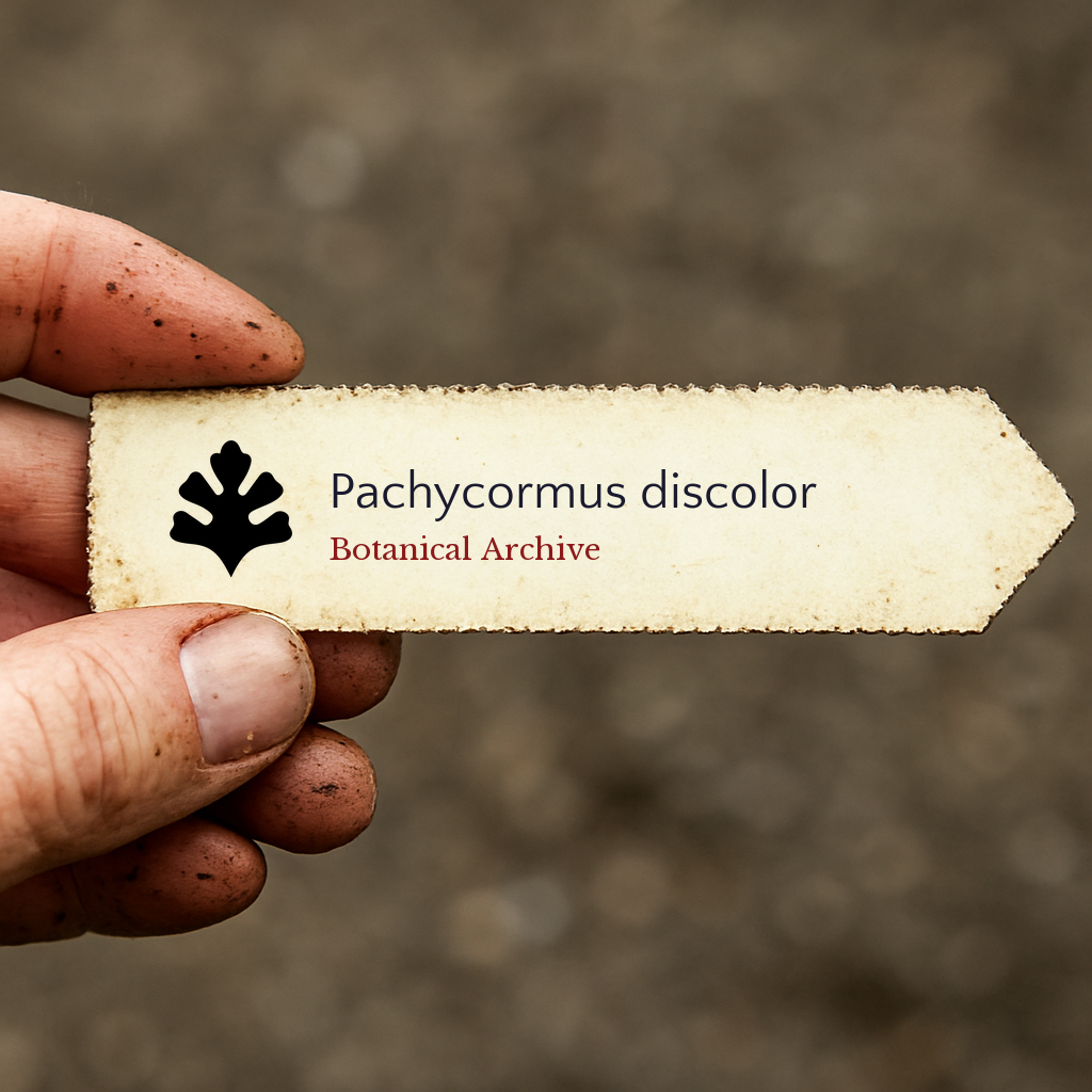 Printed plant label for Pachycormus discolor held by a dirt-stained hand against blurred background