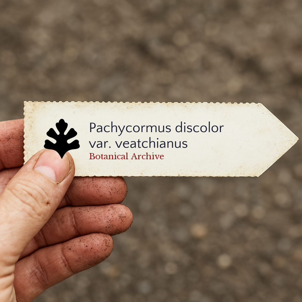 Printed plant label for Pachycormus discolor var. veatchianus held by hand with soil background