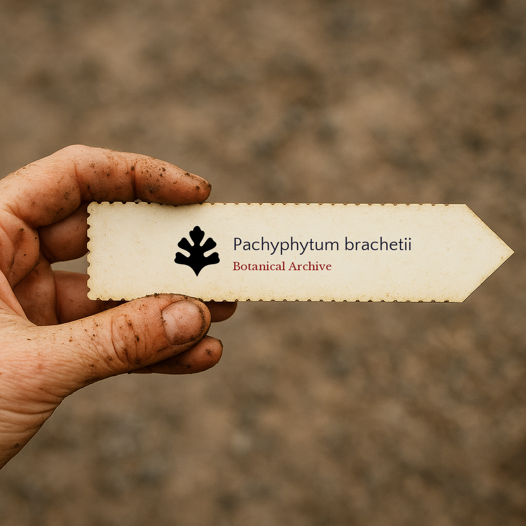 Printed plant label for Pachyphytum brachetii held by dirty hand outdoors
