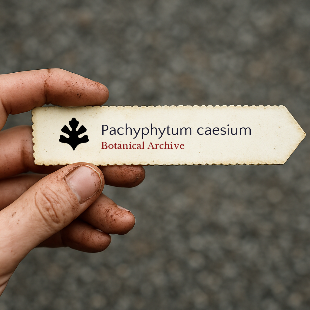 Printed plant label for Pachyphytum caesium held by dirty hand on gray background