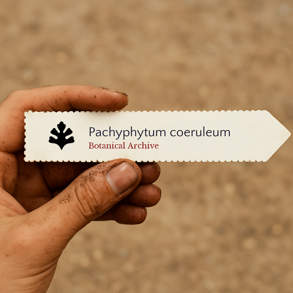 Printed plant label for Pachyphytum coeruleum held by dirty hand outdoors