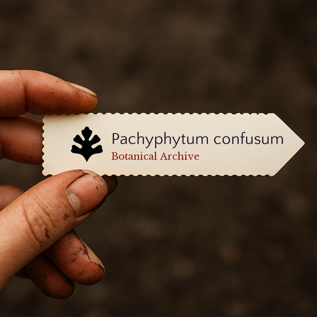 Printed plant label for Pachyphytum confusum held by dirty hand over soil background