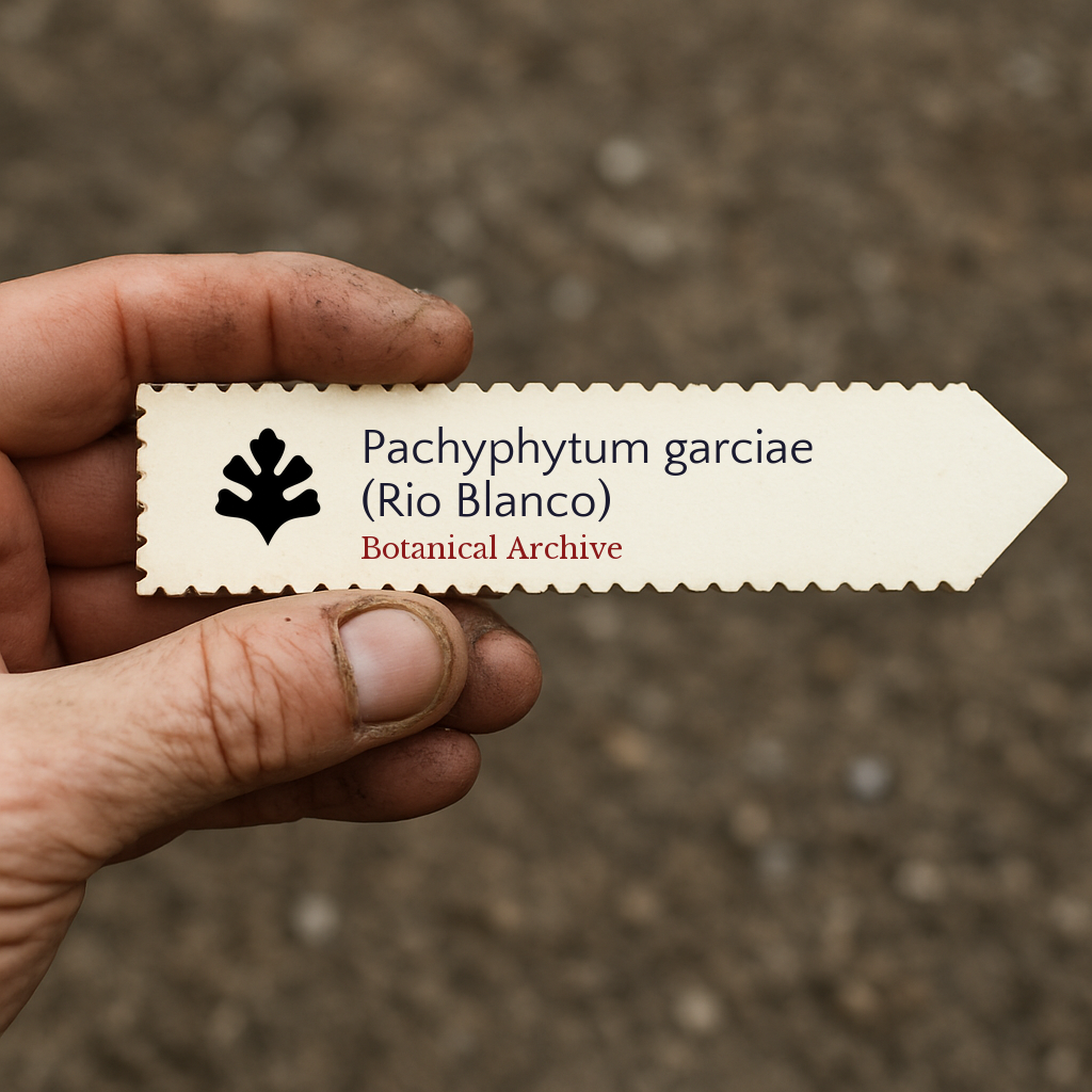 Etichetta stampata per pianta Pachyphytum garciae (Rio Blanco) tenuta a mano con sfondo di terra