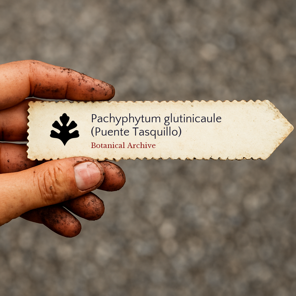 Printed plant label for Pachyphytum glutinicaule held by dirty hand outdoors