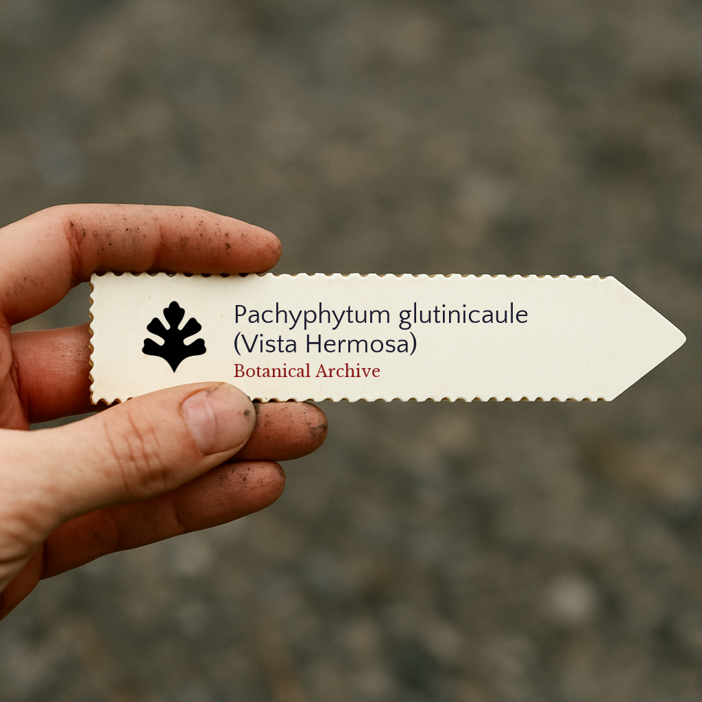 Printed plant label for Pachyphytum glutinicaule (Vista Hermosa) held by hand outdoors