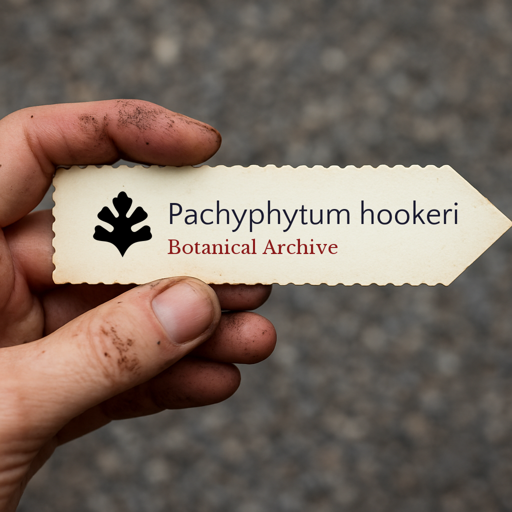 Printed plant label for Pachyphytum hookeri held by dirty hand outdoors