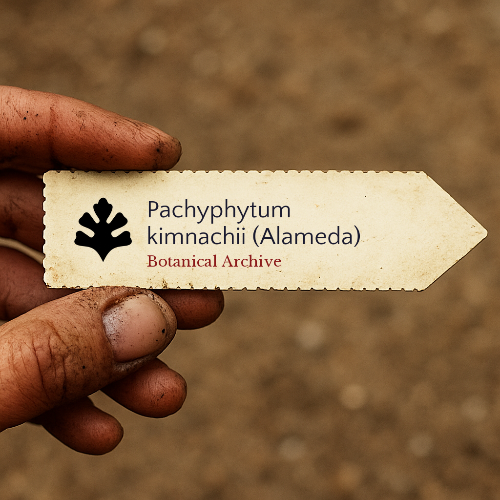 Printed plant label for Pachyphytum kimnachii (Alameda) held by dirty hand outdoors