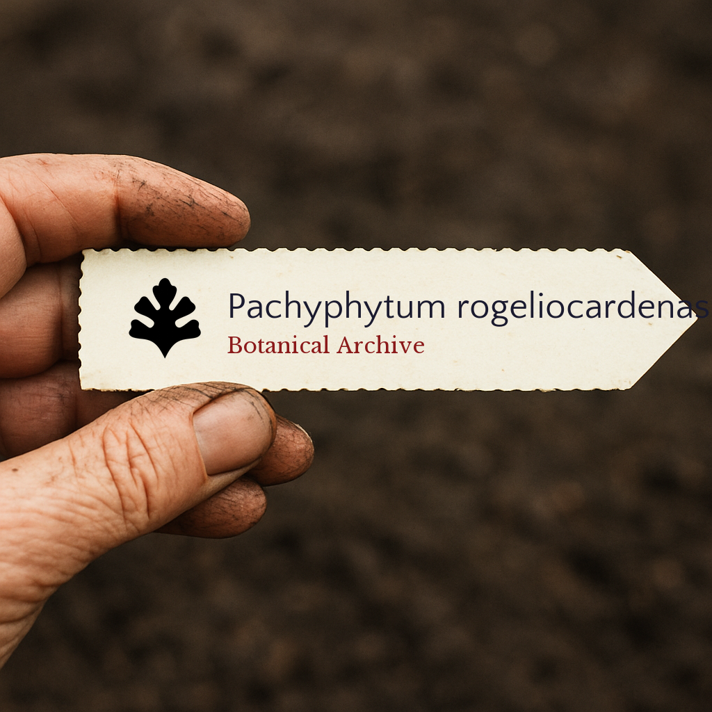 Etichetta stampata per pianta Pachyphytum rogeliocardenasii tenuta da mano sporca su sfondo di terreno