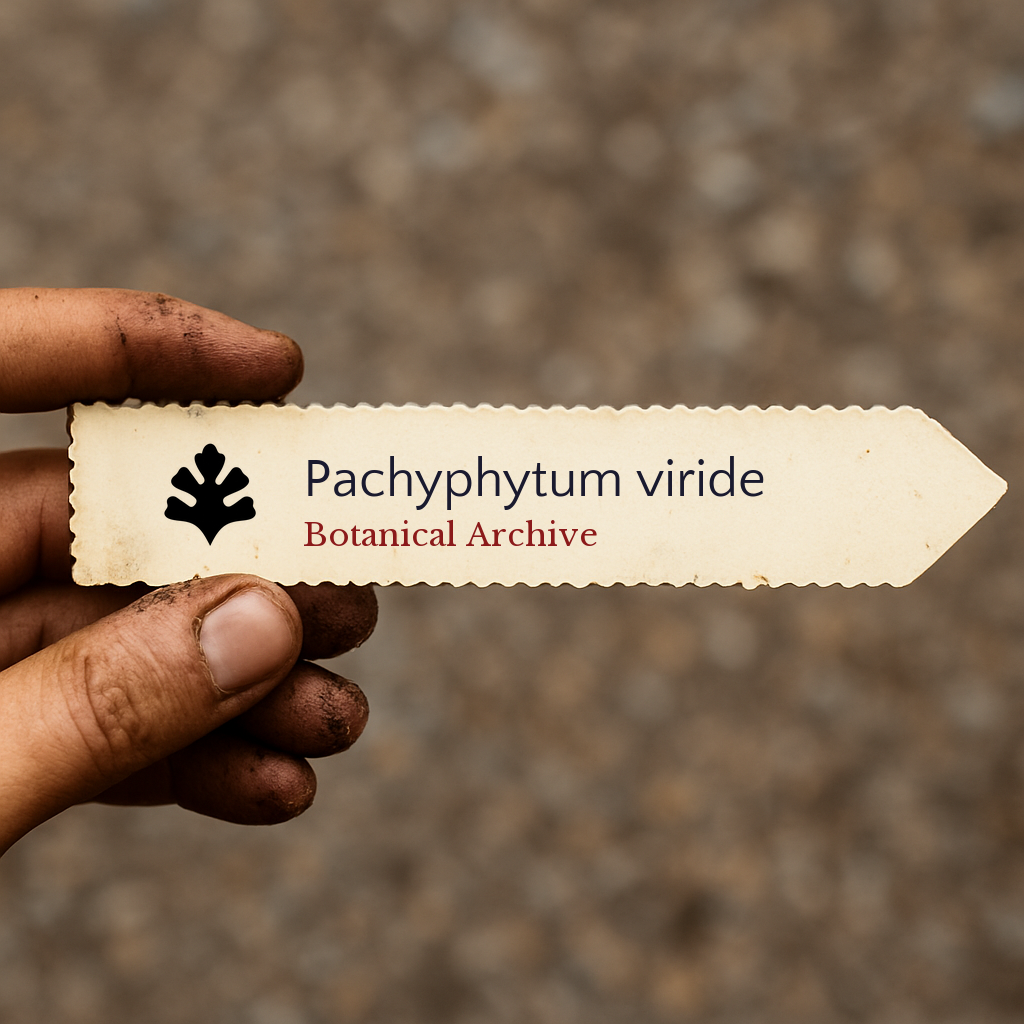 Printed plant label for Pachyphytum viride held by hand with soil background
