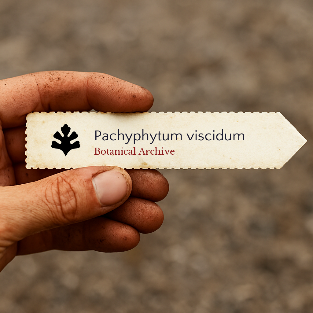 Etichetta per pianta stampata per Pachyphytum viscidum tenuta da una mano sporca all'aperto