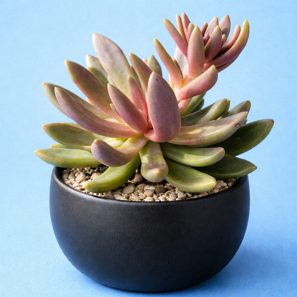 Pachyphytum fittkauii succulent with plump pink and green leaves in black pot