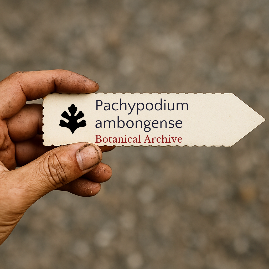 Printed plant label for Pachypodium ambongense with botanical archive logo held by hand