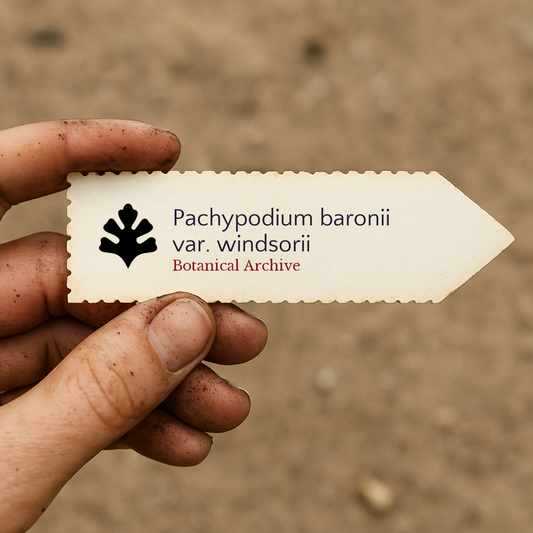 Printed plant label for Pachypodium baronii var. windsorii held by dirty hand outdoors