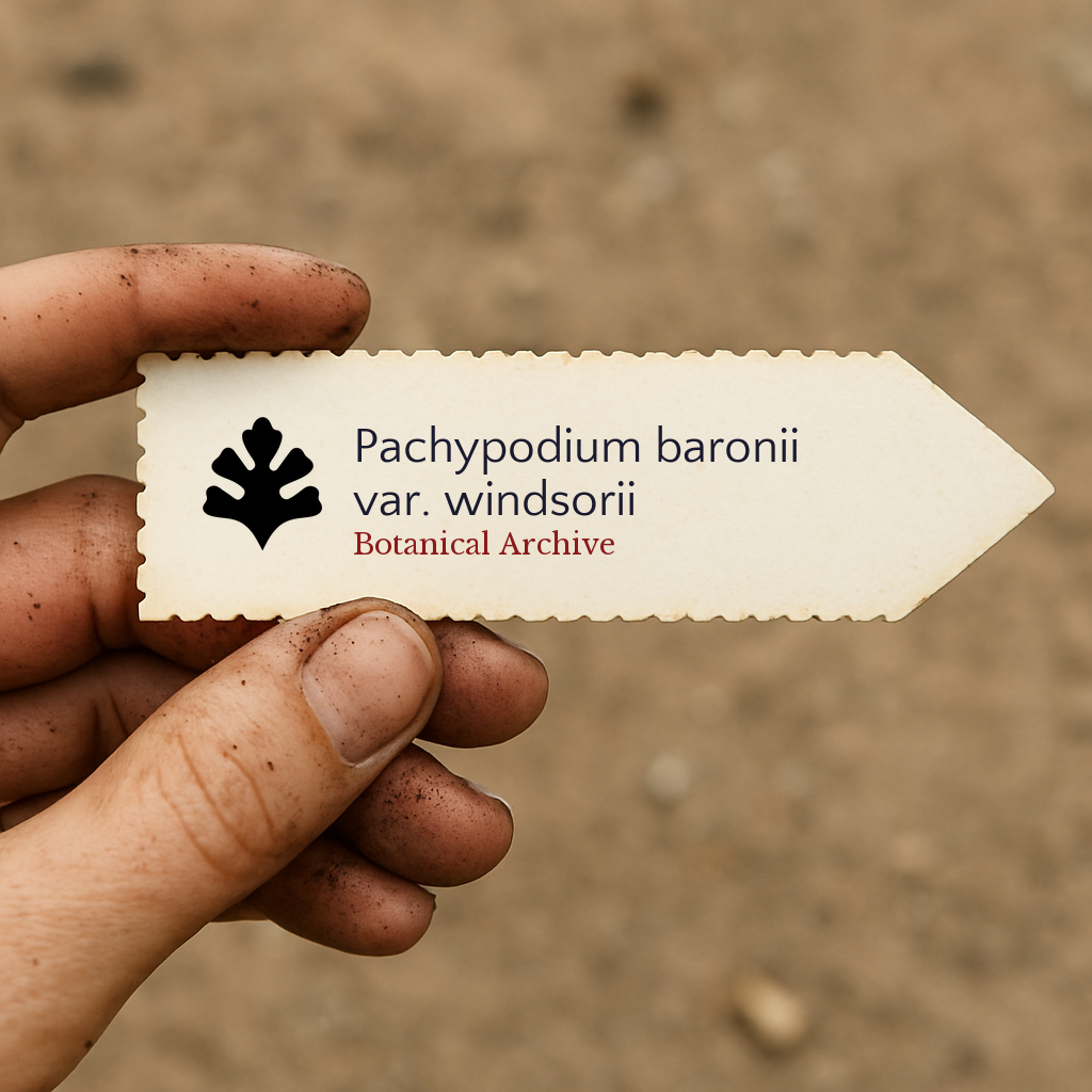 Etichetta stampata per pianta di Pachypodium baronii var. windsorii tenuta da mano sporca all'aperto