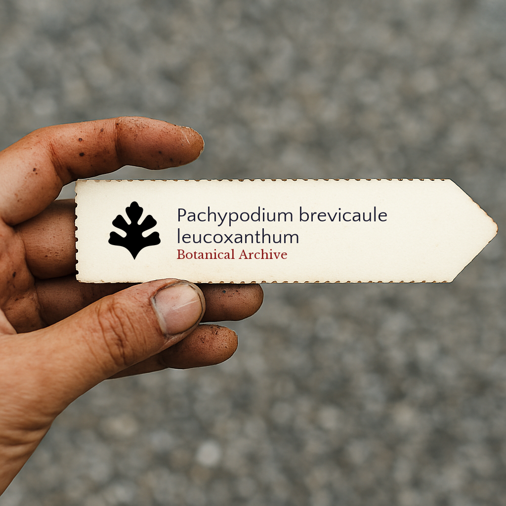 Printed plant label for Pachypodium brevicaule leucoxanthum held by hand with dirt background