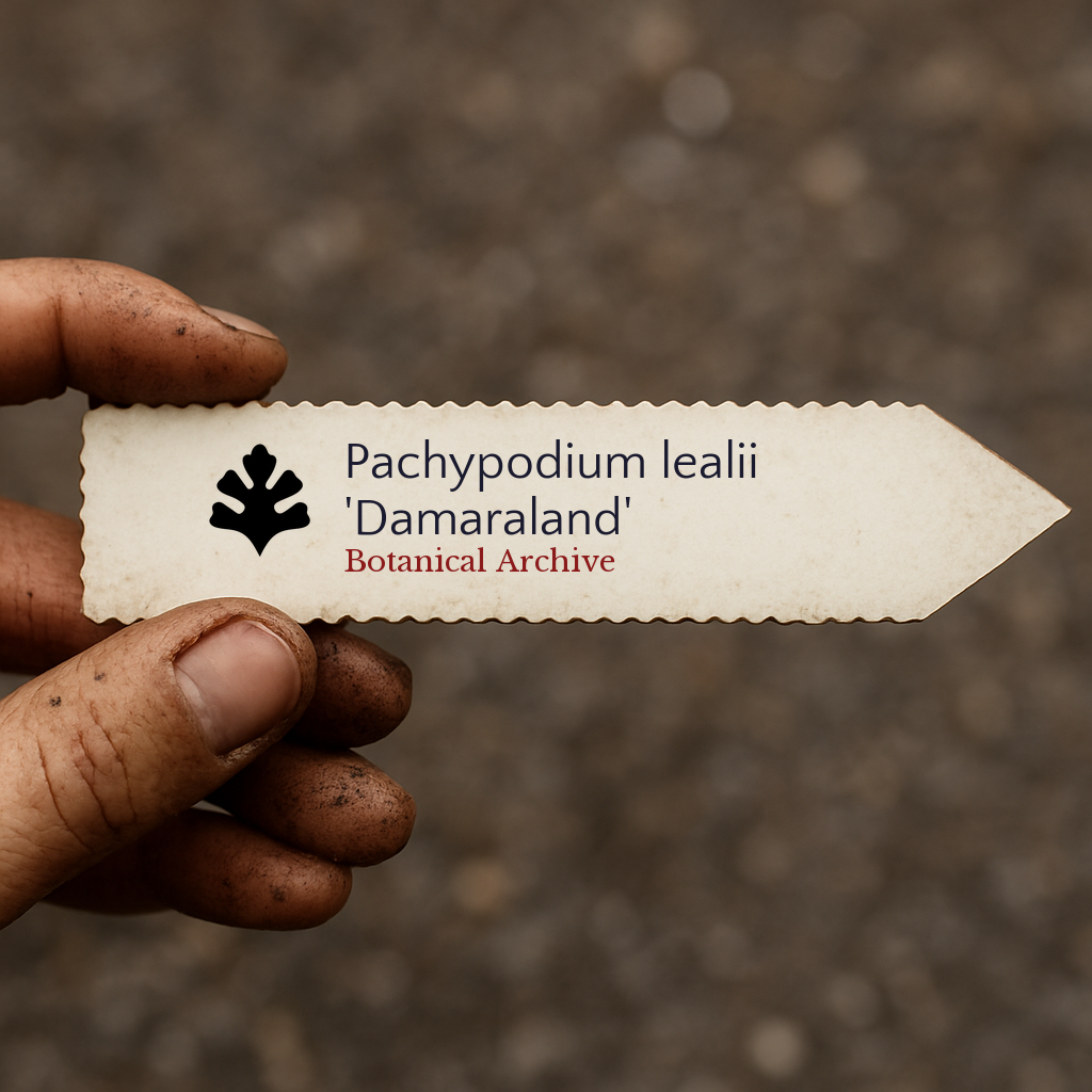 Etichetta plantare stampata per Pachypodium lealii 'Damaraland' tenuta da mano sporca all'aperto