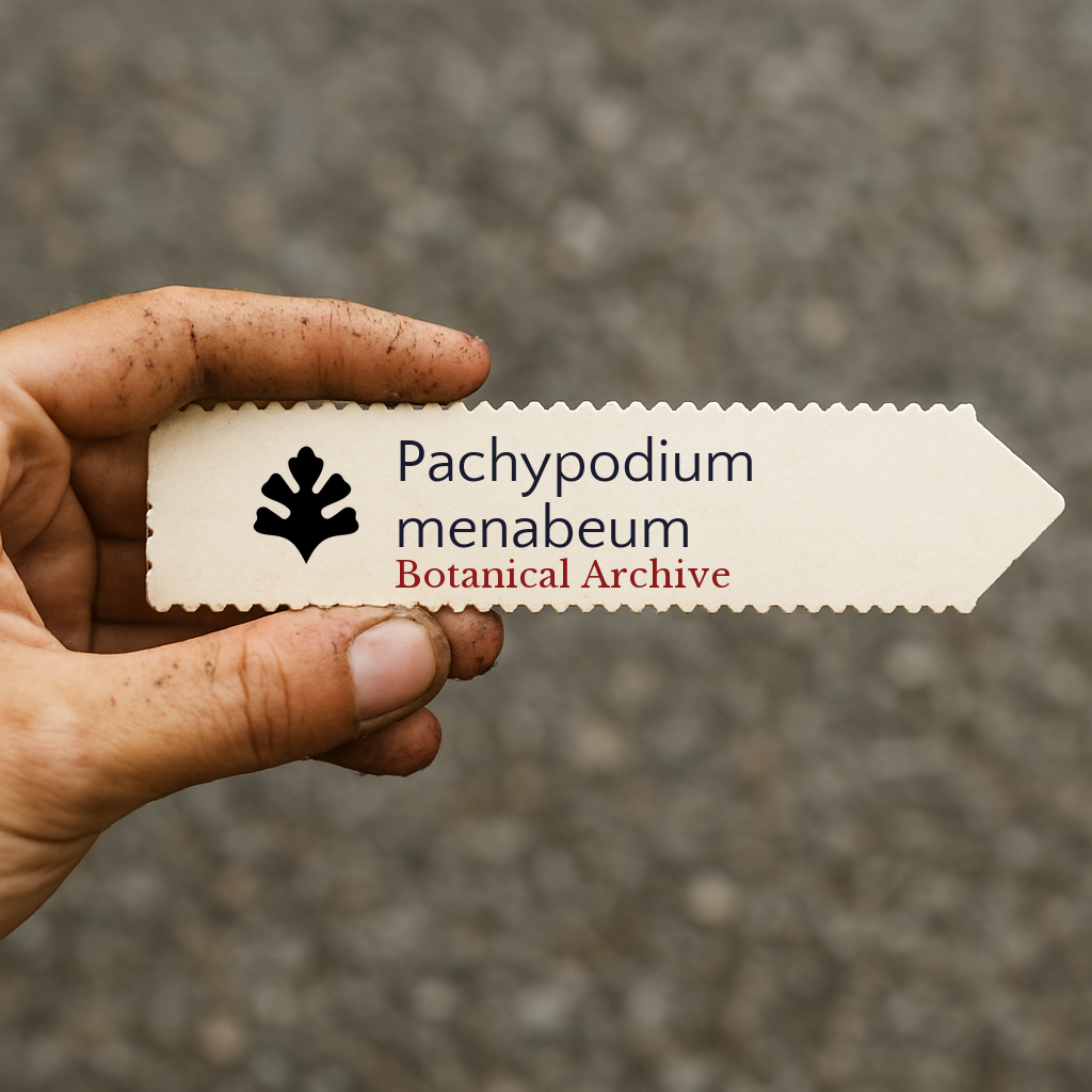 Printed plant label for Pachypodium menabeum held by dirty hand against blurred background