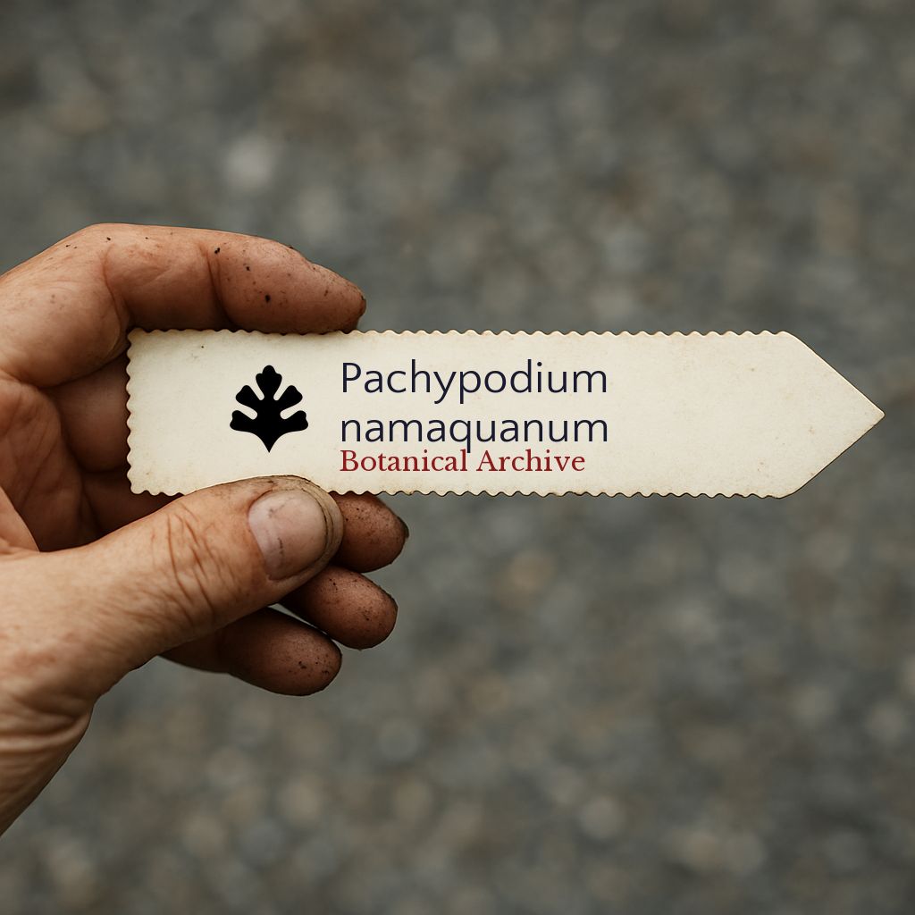 Etichetta per pianta stampata per Pachypodium namaquanum tenuta da una mano sporca all'aperto