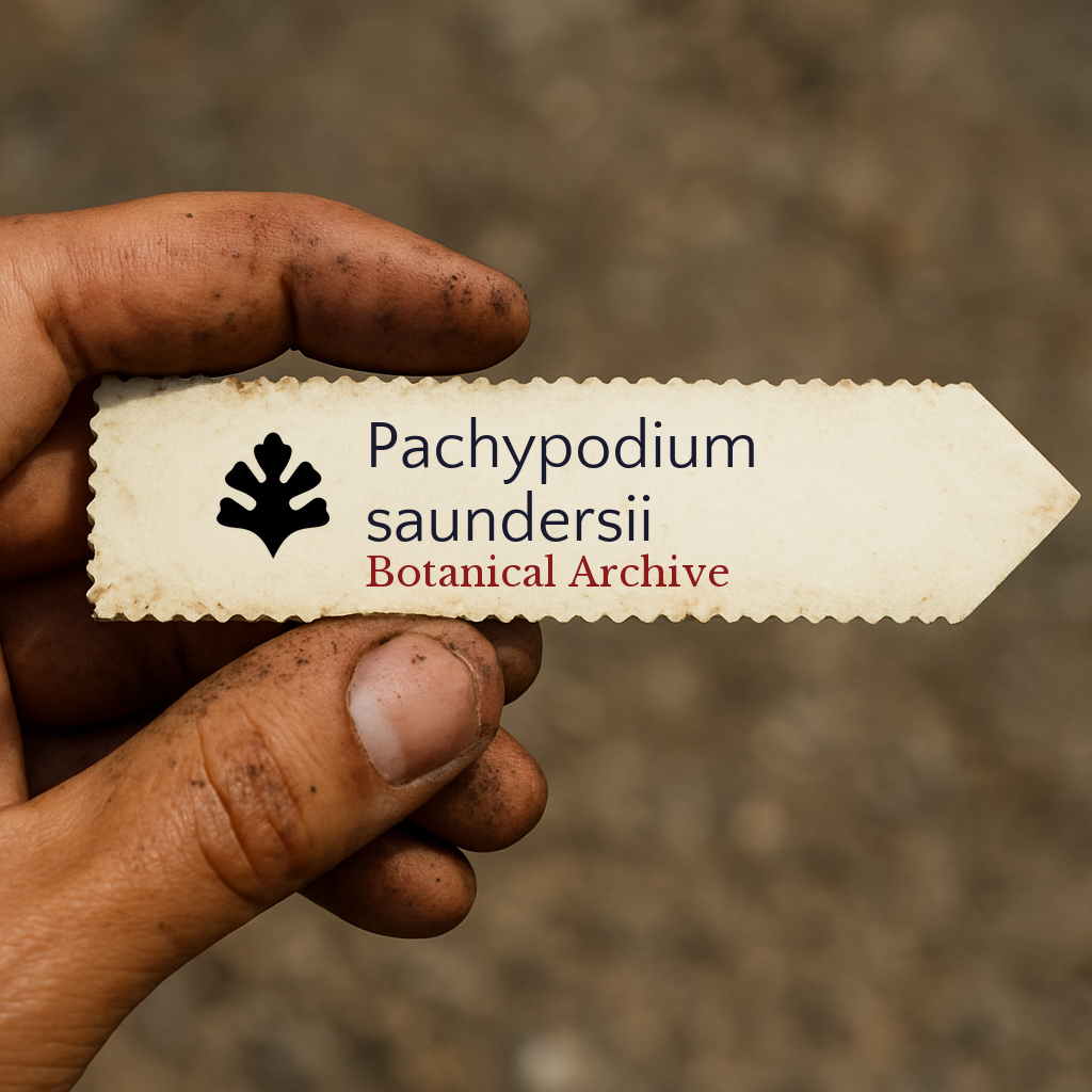 Etichetta stampata per Pianta di Pachypodium saundersii tenuta da mano sporca all'aperto