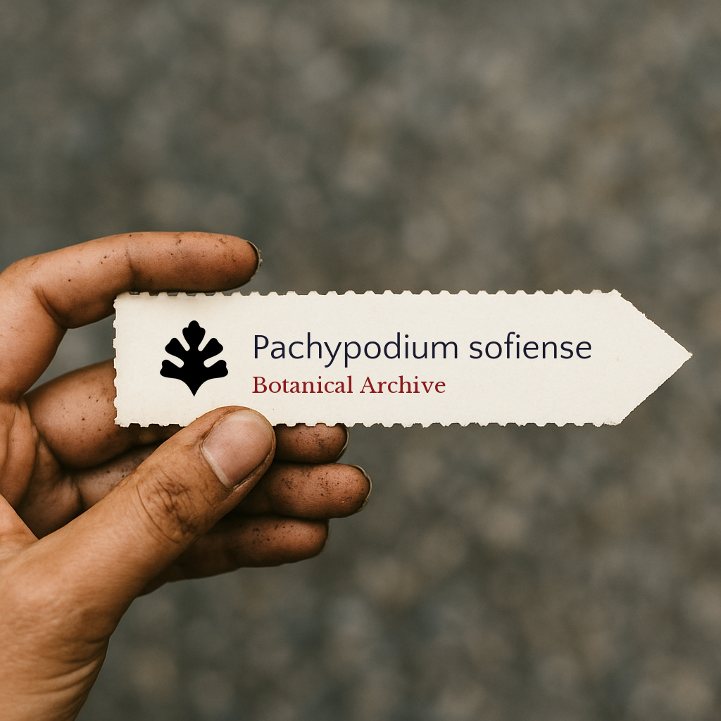 Etichetta vegetale stampata per Pachypodium sofiense tenuta in mano con terra sulle dita