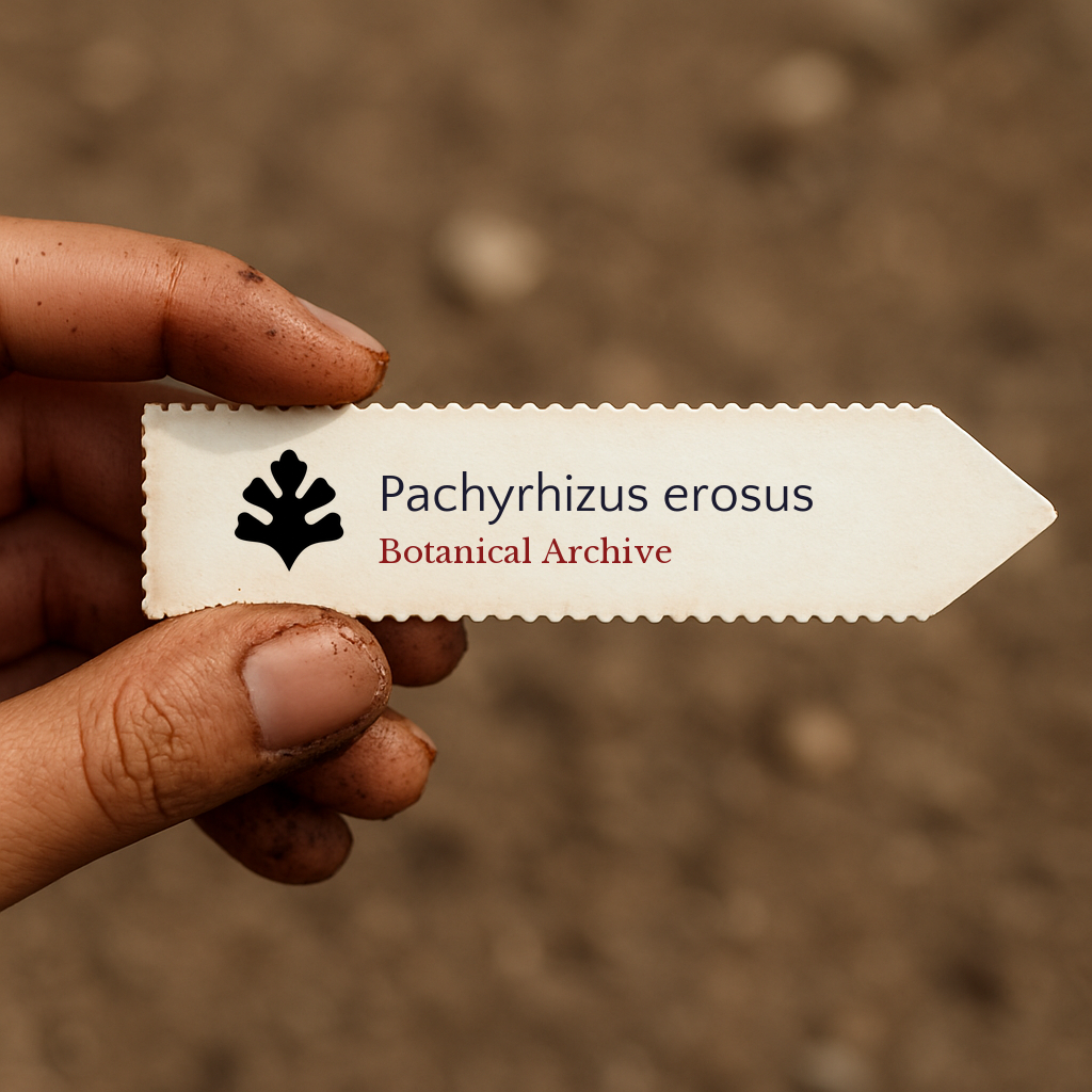 Etichetta per pianta stampata per Pachyrhizus erosus tenuta a mano con sfondo di terreno