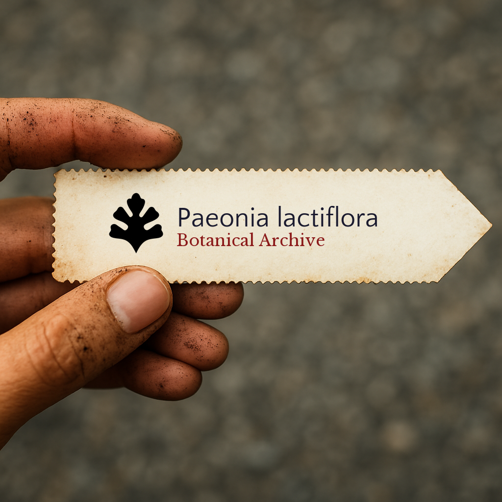 Printed plant label for Paeonia lactiflora with botanical archive logo held by dirty hand