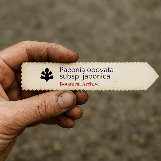 Printed plant label for Paeonia obovata subsp. japonica held by dirty hand outdoors
