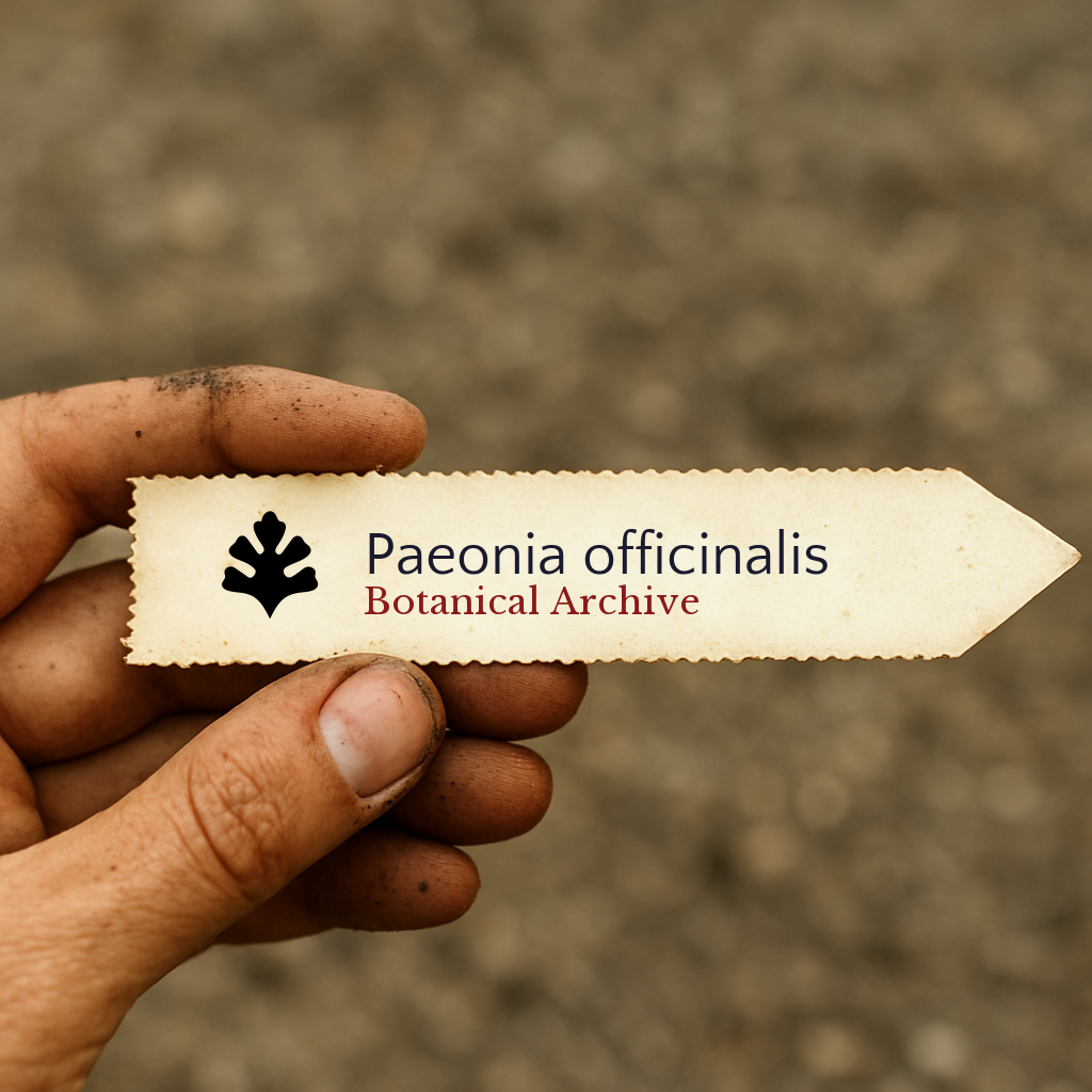 Printed plant label for Paeonia officinalis held by hand with soil background