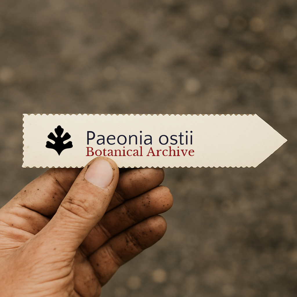 Etichetta stampata per pianta di Paeonia ostii tenuta da una mano sporca di terra all'aperto