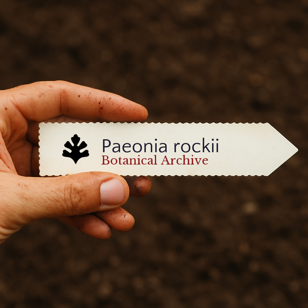 Etichetta stampata per pianta di Paeonia rockii tenuta in mano su sfondo di terreno