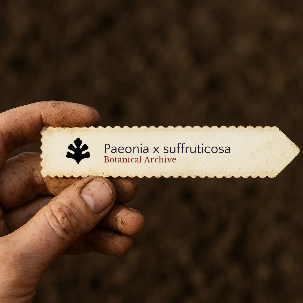 Printed plant label for Paeonia x suffruticosa held by dirty hand over soil background