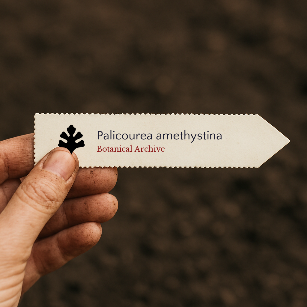 Printed plant label for Palicourea amethystina held against soil background