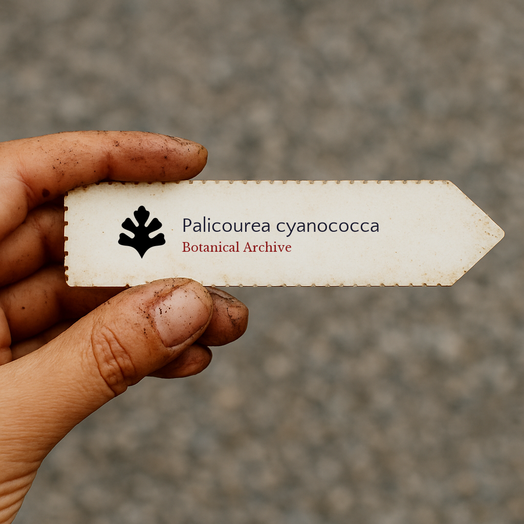Printed plant label for Palicourea cyanococca held by hand with soil on fingers