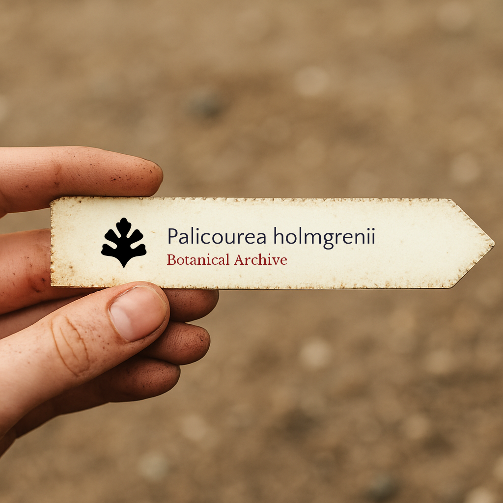 Printed plant label for Palicourea holmgrenii with botanical archive logo held by hand