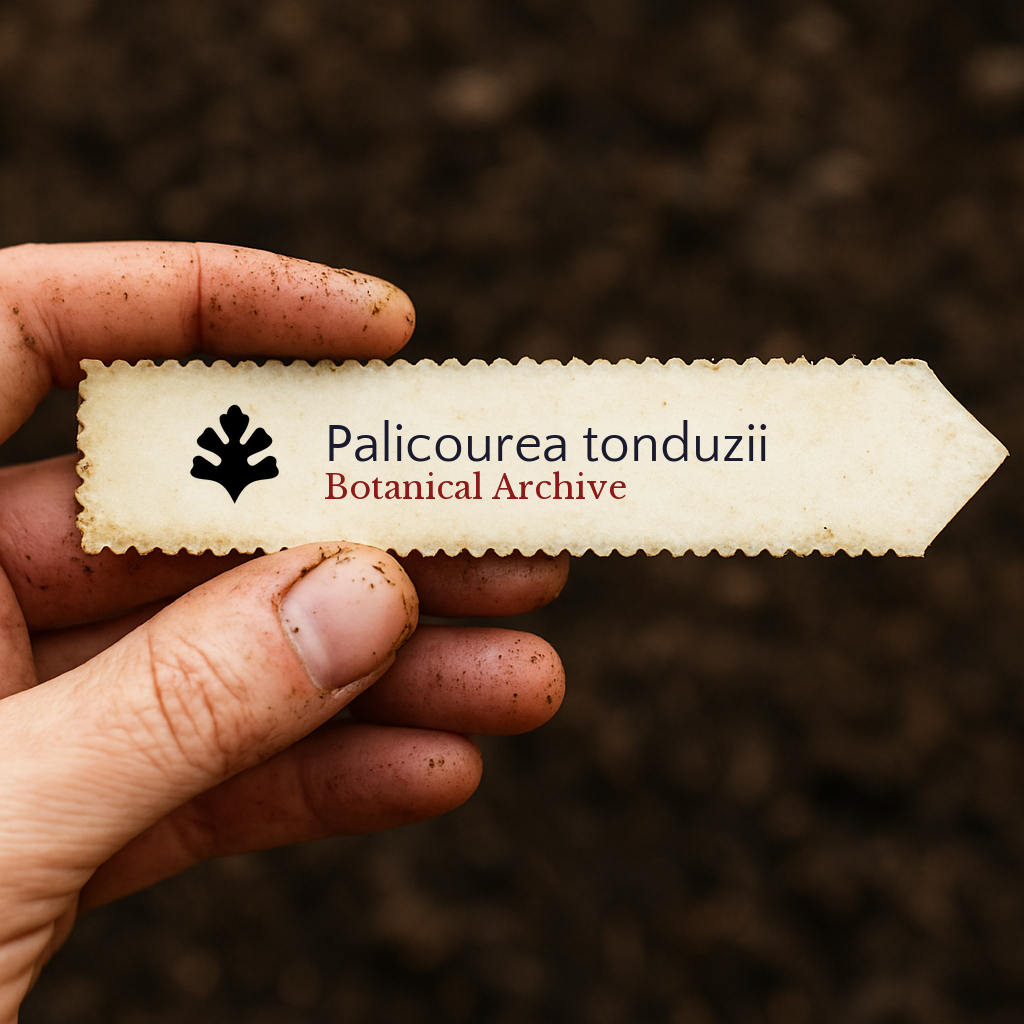 Etichetta stampata per pianta di Palicourea tonduzii tenuta a mano con sfondo di terreno