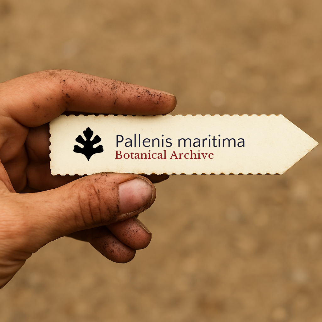 Etichetta per piante stampata per Pallenis maritima tenuta a mano con dita macchiate di terra