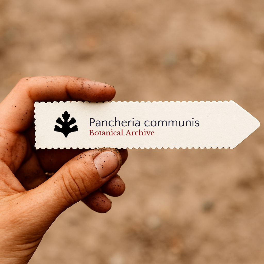 Etichetta stampata per Pancheria communis tenuta in una mano sporca di terra all'aperto