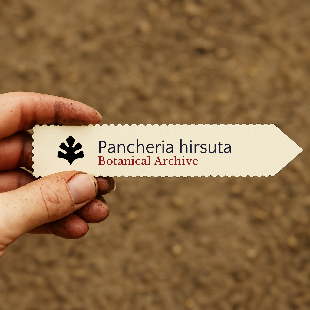 Etichetta per pianta stampata per Pancheria hirsuta tenuta in mano con sfondo di terra
