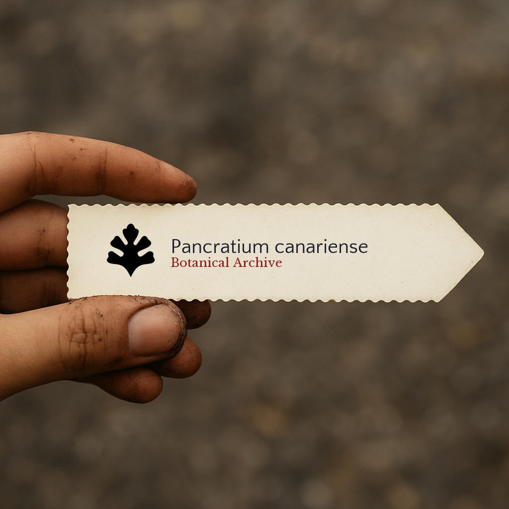 Etichetta per piante stampata per Pancratium canariense tenuta a mano con sfondo di terra