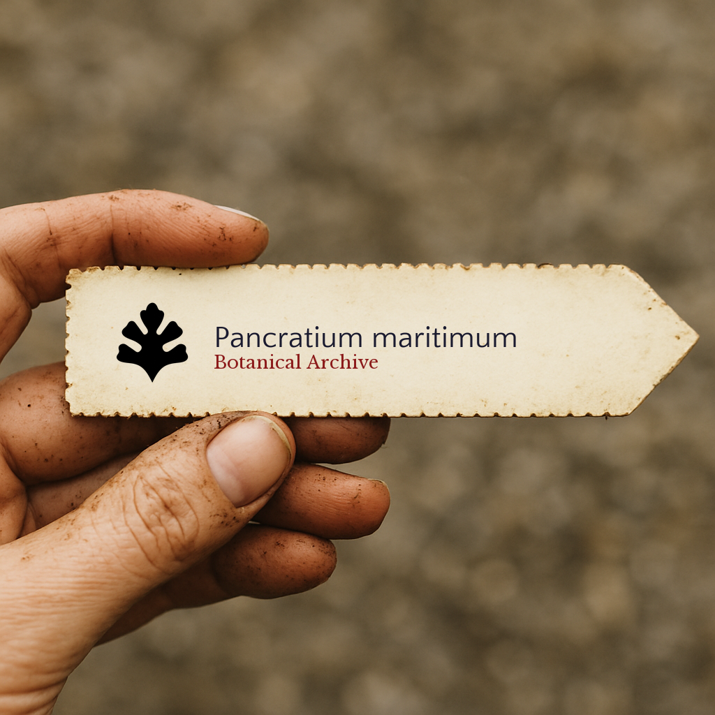 Printed plant label for Pancratium maritimum held by dirty hand outdoors