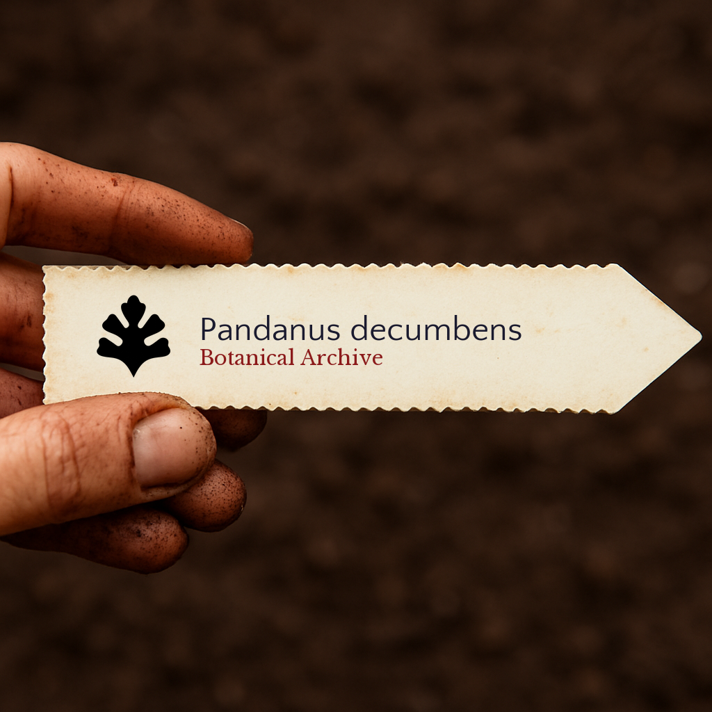 Printed plant label for Pandanus decumbens held by dirty hand over soil background