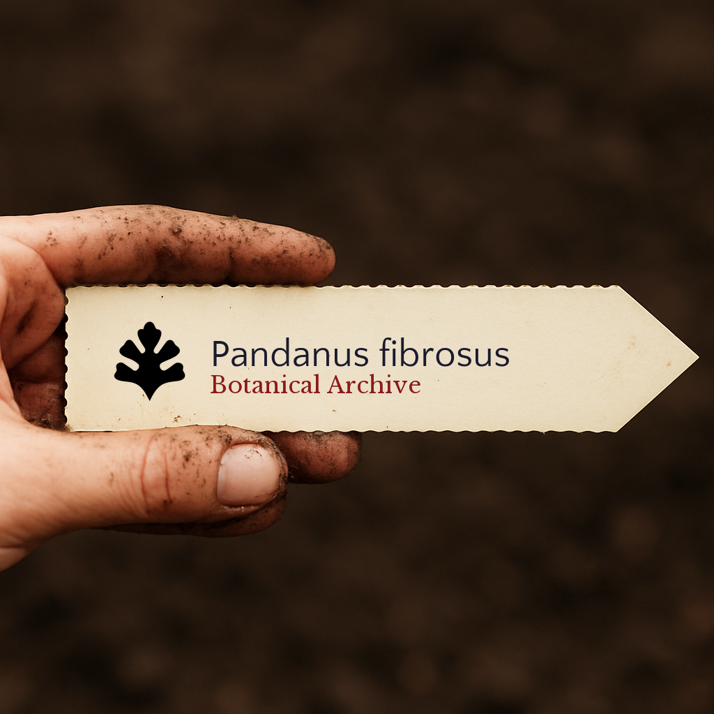 Printed plant label for Pandanus fibrosus held by dirty hand over soil background