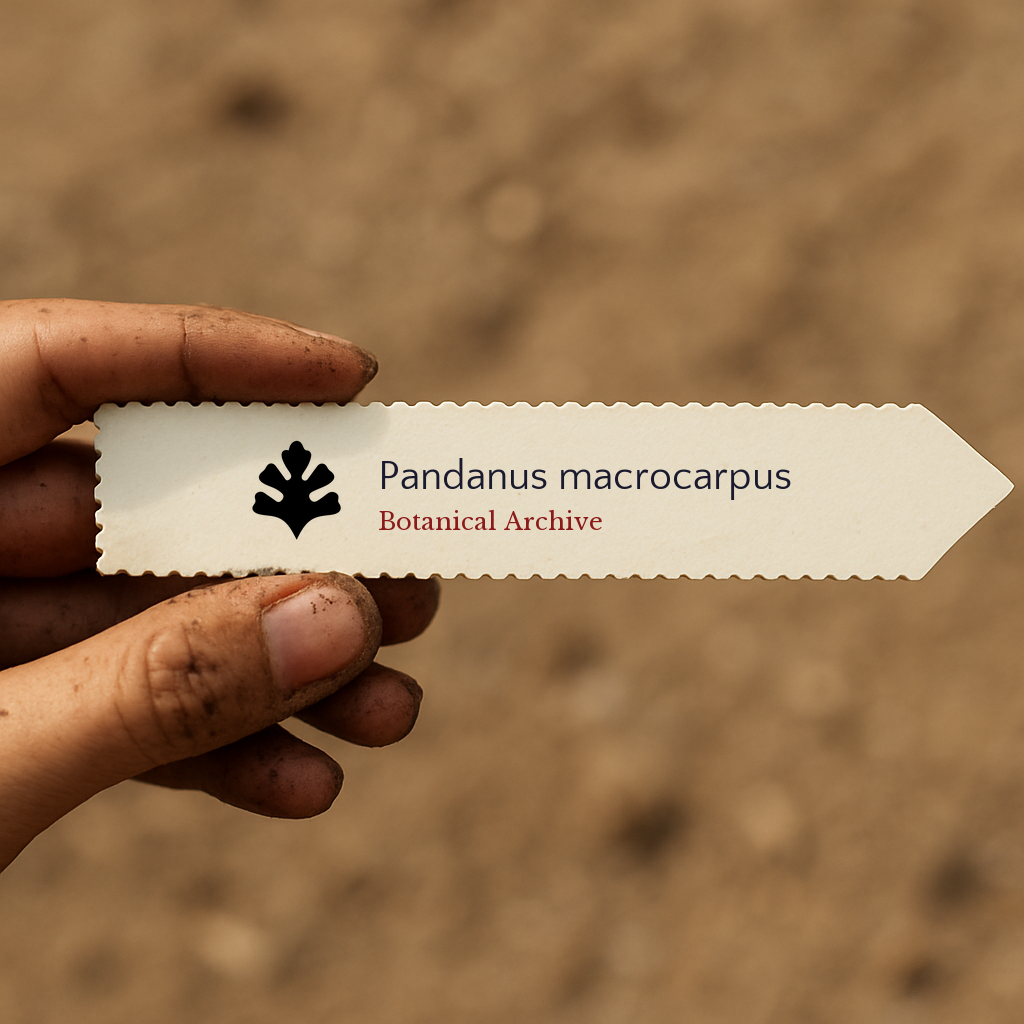 Etichetta per pianta stampata per Pandanus macrocarpus tenuta a mano con sfondo di terra